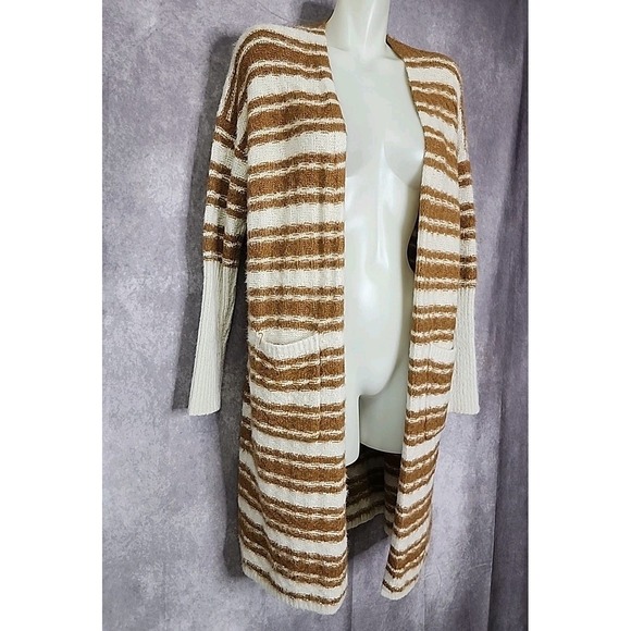 HYFVE Open Front Cardigan Sweater Womens Medium White Mustard Yellow Chunky Knit - Picture 2 of 8